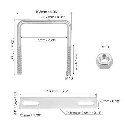 Image of PATIKIL M10x85x125mm Square U-Bolts Kit, 2Set 304 Stainless Steel Square U Shaped Bolts Replacement Parts with Frame Plates and Nuts for Ski Board Sailboat Trailer