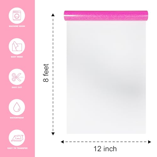 Image of Hot Pink Glitter Heat Transfer Vinyl 12 inch x 8 ft HTV for Shirts, Glitter HTV for All Cutter Machine - Easy to Cut & Weed for Heat Vinyl Design (Neon Pink)