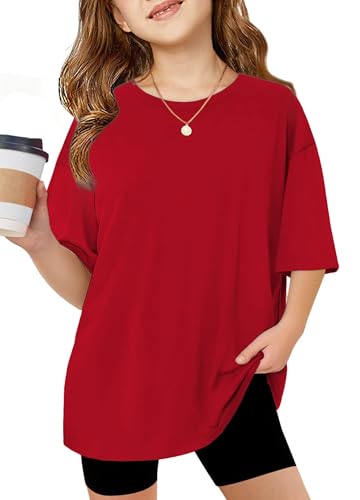 Arshiner Red Shirts for Girls Trendy Oversized Summer Kids Outfits Soft Casual Red Blouse Shirt for Kids Crewneck Teen Girls Tees 11-12 Years