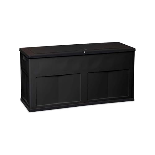 Avilia Baúl portaobjetos de exterior – Baúl para herramientas y artículos de jardinería, de resina resistente y paneles de madera, 320 l, 119 x 46 x 60 cm, negro