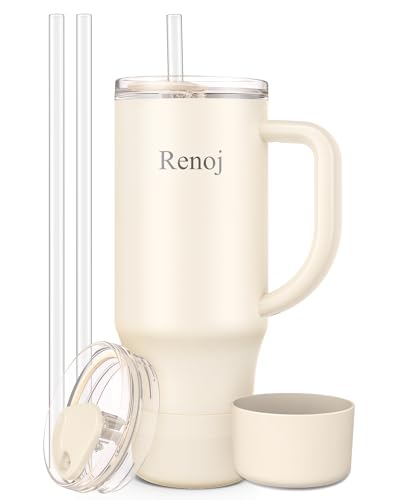 Image of Renoj Insulated Mug 100% Spill Resistant Insulated Water Bottle for Iced Coffee & Hot Drinks - Fits Car Cup Holder, Ideal Gift, 2 Straws & Silicone Boot - FlexSlide White 40 oz