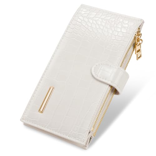 Women Wallet Large Capacity Wallets Crocodile RFID Blocking Multi Card Organizer Womens Billfold Long Purse Credit Cards Holder with Double Zipper,Beige