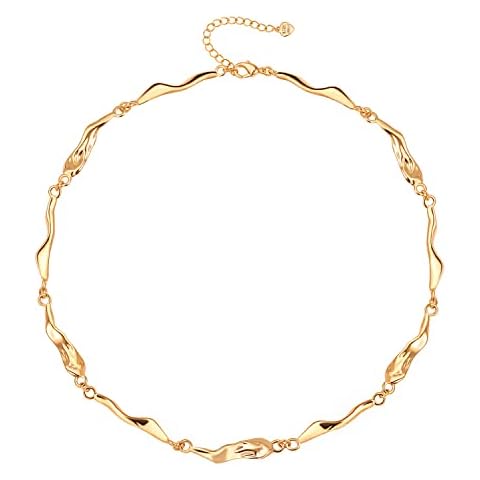 Aobei Pearl 18K Gold Bar Choker Irregular Wavy Bars Splicing Necklace for Women Dainty Chain Layering Jewelry 16” Cover