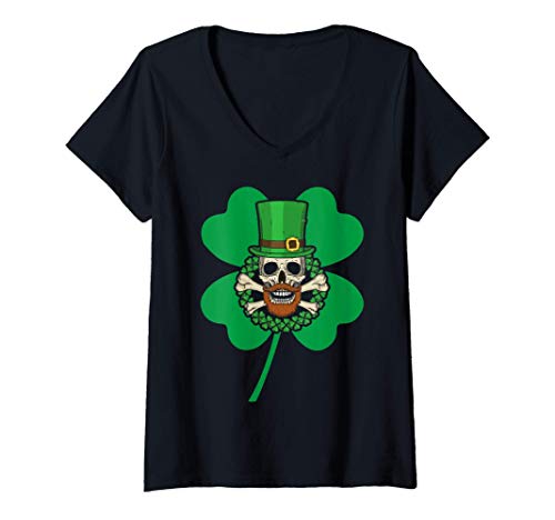 Womens Irish Leprechaun Beard Skull Crossbones St. Patrick's Day V-Neck T-Shirt