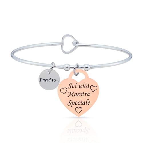 SAGA GIOIELLI® BRACCIALE RIGIDO DONNA FRASI PENSIERI PAROLE EMOZIONALE INCISIONE ACCIAIO CUORE ROSE' (Sei una maestra speciale)