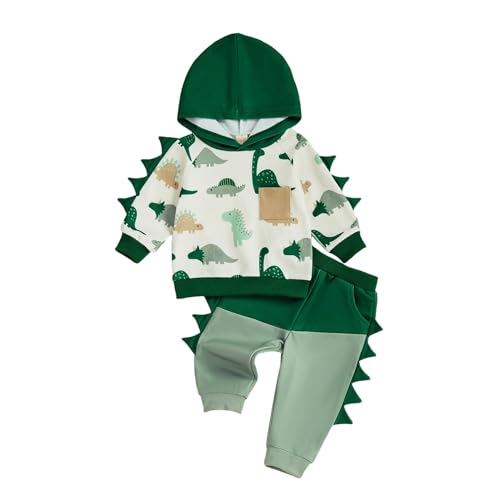 Image of LIOMENGZI Infant Baby Boy Hooded Dinosaur Fall Outfit Contrast Sweatshirt Pant Set Toddler Dinosaur Clothes 6 12 18 Months 2T