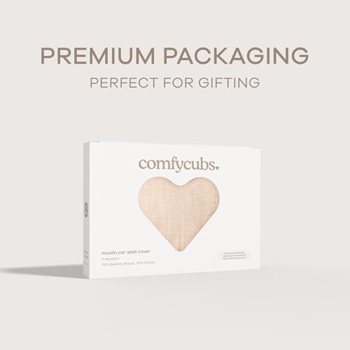 Image of Comfy Cubs Baby Car Seat Cover - Soft, Breathable Bamboo Rayon and Muslin Cotton Blend - Lightweight Canopy for Sun, Bug, and Comfort Protection - Large Size Infant Seat Cover in Cream Design
