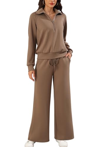 SHEKINI Ensemble de survêtement pour femme 2 pièces Manches Longues avec Demi-fermeture éclair Pantalon à jambes larges Casual longues Sweatsuit de sport
