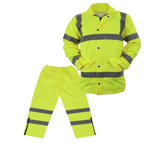 Image of First Class High Visibility Water Resistant Raincoat Jacket and Pant With Reflective Stripes