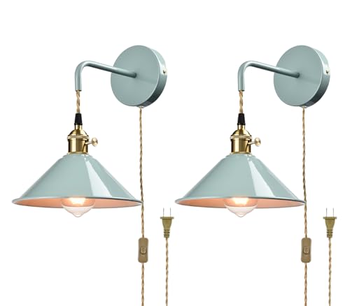 Image of Sea Green Wall Sconce 2-Pack, Hanging Height-Adjustable Wall Lamp, Plug-in&Hardwire Optional Wall Light Fixture with On /Off Switch for Bedroom Coffee Bar