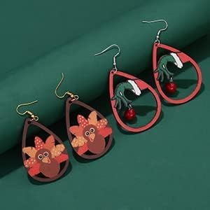 2 pairs Christmas Thanksgiving Earrings for Women Christmas Wooden Painted Teardrop Dangle Earring Holiday Christmas Jewelry