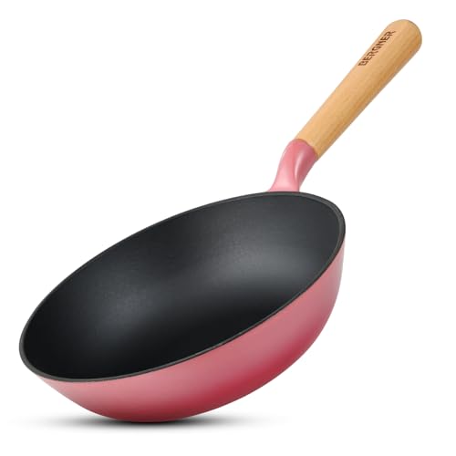 Image of BERGNER Excalibur Lightweight Cast Iron Wok 24cm (2L), Sturdy Wooden Handle, Non-Stick Coating, PFAS Free, Perfect Heat Distribution, Elegant Design - Induction and Gas Stove Ready (Pink)