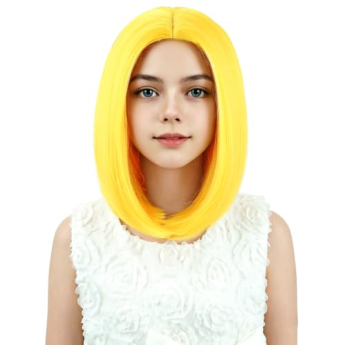 Kids Yellow Wig Girls Yellow Bob Short Straight Wig Middle Part for Kids Children Synthetic Halloween Cosplay Costume Party Wigs with Wig Cap