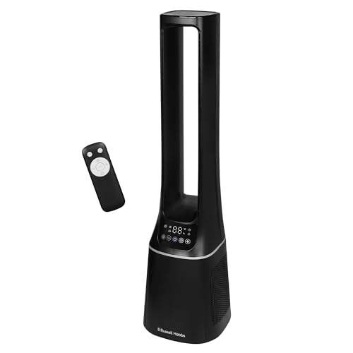 Russell Hobbs Bladeless Quiet Tower fan with Remote Control 107cm Tall 10 Speed Settings 12 Hour Adjustable Timer Oscillating Function 22W Black 2 Years Guarantee RHBLDL12B