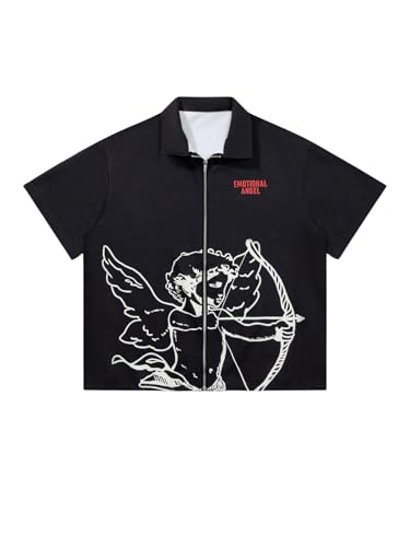 VIPWOLF Men's Y2K Graphic Tees Letter Short Sleeve Collared Zip Up