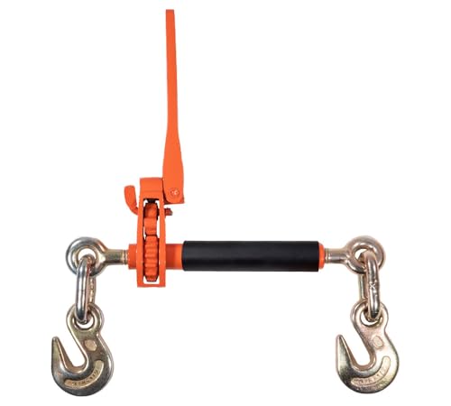 Image of Mytee Products 3 /8 inch - 1 /2 inch Hi-Viz Orange Quick Folding Handle Ratchet Load Binder with Grab Hook 12,000 lbs WLL | Tie Down Hauling Chain Binders for Flatbed Truck Trailer