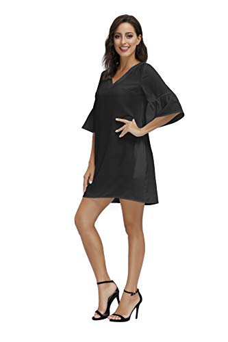 BUENOS NINOS Women's Floral Dress V Neck Half Length Bell Sleeve Causal Loose Shift Mini Tunic Dress with Pockets (Black, XL(12-14)) BUENOS NINOS Women's Floral Dress V Neck Half Length Bell Sleeve Causal Loose Shift Mini Tunic Dress with Pockets (Black, XL(12-14))