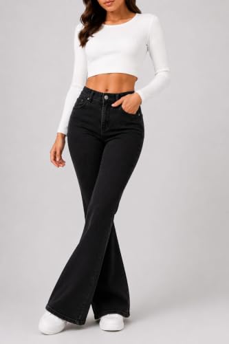 Image of Women's High Waist Bell Bottom Jeans | Flared Wide Leg Stretchable Denim Pants | Stylish Casual, Party & Everyday Wear | Denim Pant Suits | Bootcut Fit Design