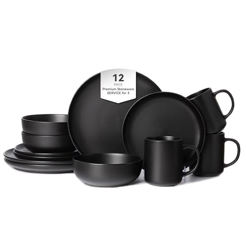 12-Piece Matte Black Dinnerware Set,Stoneware Dinnerware for 4, Microwave & Dishwasher Safe, Stackable Design for Kitchen and Dining - Plates and Bowls