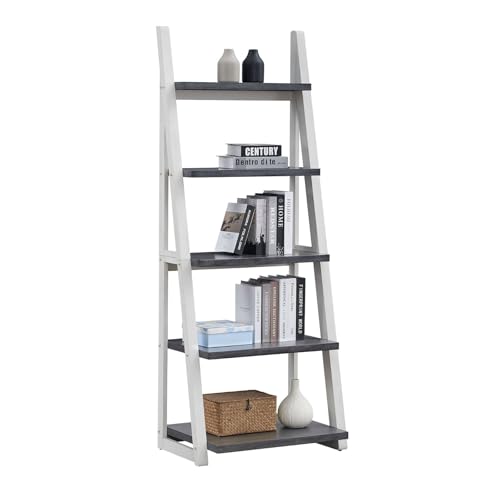 5-Tier Ladder Shelf, 72.01” Tall Freestanding Bookshelf, Rustic Wood Storage Display Rack, Space-Saving Leaning Ladder Design for Living Room, Home Office, Grey