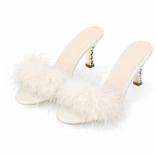 Image of Women Sexy Slippers Fur Heels Fluffy Feather Kitten Heel Slippers Open Toe