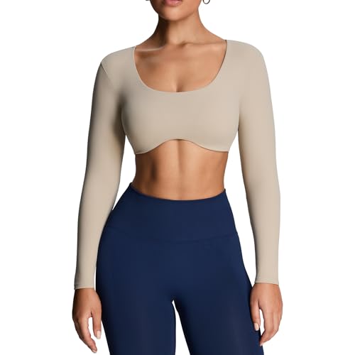 Image of Aoxjox Women's Define Sculpt Long Sleeve Crop Tops | buttery soft fabric,curved hem,hollow back, low support, removable pads, workouts,yoga,gym, daily wear
