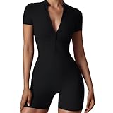 QFE Women Bodysuit Zip Tummy Control Yoga Workout Work Out Gym Sets for Athletic Rompers Romper Leotards One Piece Jumpsuits Outfit Body Suits Shorts Sleeve Stretch Neck Ribbedsuits Sexy Black Medium