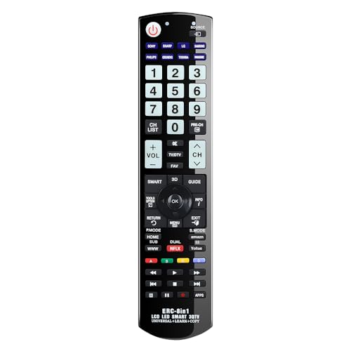 Alkia Télécommande universelle pour Panasonic, Samsung, LG, Sony, Toshiba, Sharp, Philips, Grundig TV/Learn/HDTV / 3D / LCD/LED – Aucune configuration...
