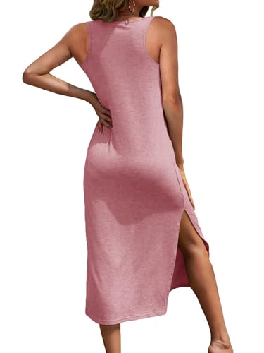 Image of Dyexces Women Summer T Shirt Dress Casual Short Sleeve V Neck Maxi Dresses Loose Side Slit Long Tshirt Dress with Pockets
