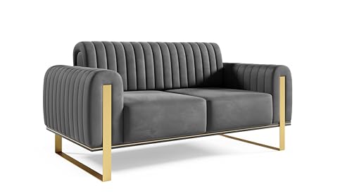 FURNISTAR Premium Pier Sofa 2-Sitzer, Glamour Design, Polstersofa mit drehbarer Rücklehne, Couch, Sofagarnitur, Wohnzimmer, goldene Metallfüße, Velour-Stoff - Dunkelgrau