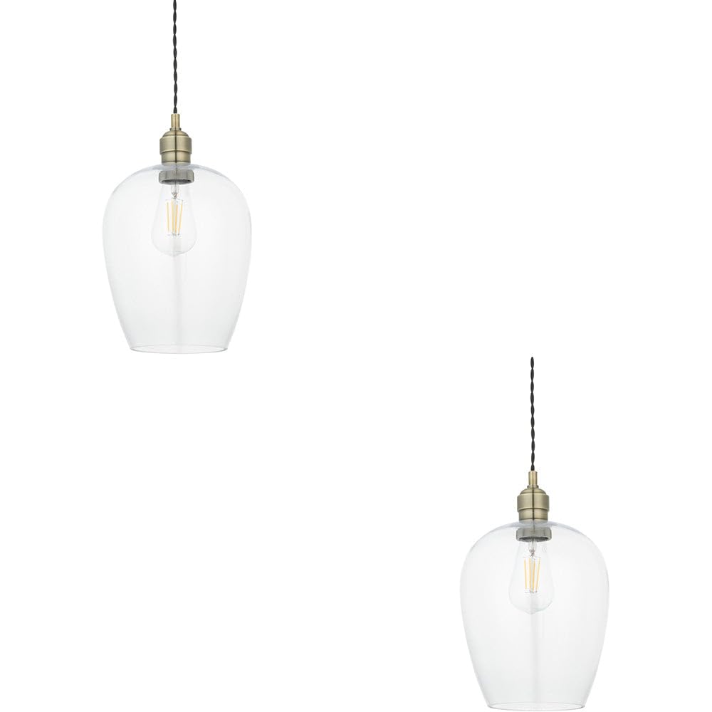 Loops Light 2 Pack Hanging Ceiling Pendant - Antique Brass Plate & Clear Glass - 10W Led E27