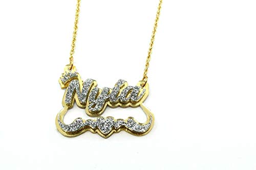 Name Necklace Plate Personalized Custom Nameplate and 2.5" XOXO Gold Earrings With Swirls Heart and Crown on Top Jewelry Set Laser Cut Diamond Look Glitter Script Cursive Letters, Quality Gold Chain4