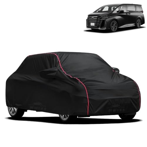 Image of Waterproof Car Cover for Toyota Vellfire | All-Weather Protection, Dustproof & UV Resistant | Triple Stitched Mirror Pockets, Windproof Buckle Strap with Elastic Hem, Black-Red Piping