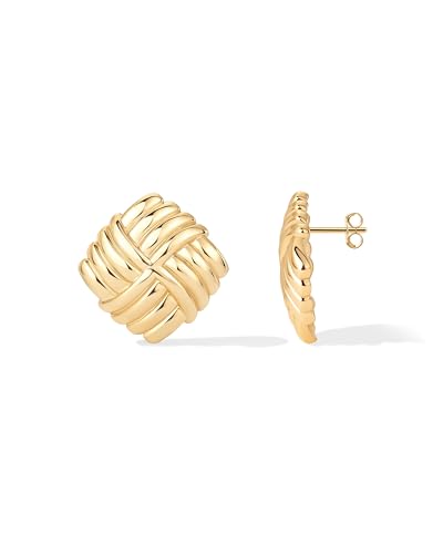 Image of PAVOI 14K Gold Plated Chunky Vintage Earrings for Women - Trendy Textured Ribbed Knot Geometric Triangle Rope Button Seashell Wing Dangle Drop Stud Earring