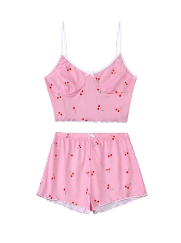 Image of Hilinker Womens Graphic Print Ribbed PJ Set Crop Cami Tops and Shorts Cute Pajamas Set