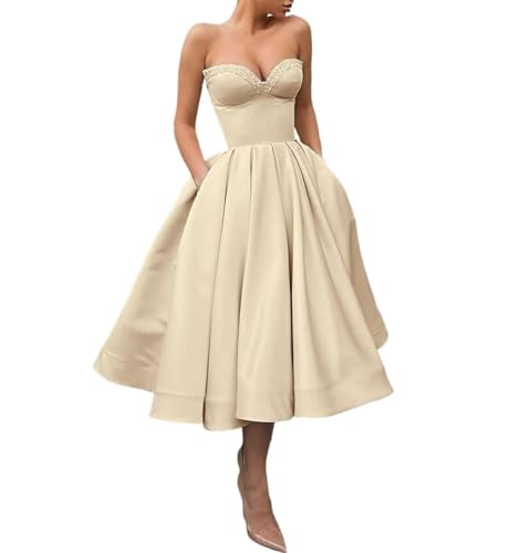 Sequins Sweetheart Short Prom Dresses Ruched A Line Satin Tea Length Cocktail Dress Strapless Midi Corset Formal Party Gown