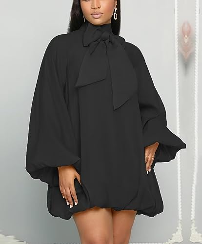 Yanfoam Women's Puff Long Sleeve Sweetheart Round Neck Dress Flowy Loose Chiffon for Cocktail Party Mini Dress4