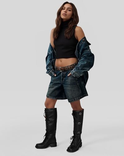 MUCCCUTE Knee High Boots Women Moto Boots Tall Square Toe Slip On Chunky Low Heel Biker Riding Boots Fashion4