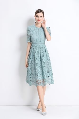 Image of LAI MENG FIVE CATS Women's Lace Floral Short Sleeve Crochet Waist Cocktail Midi Dress