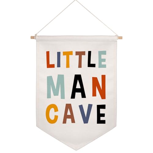 Image of OFlyDesigns Little Man Cave Linen Cotton Banner, 18" x 18", Wall Mount, Indoor, Standard Banner, Birthday, Baby Shower, Christmas, Thanksgiving, Children, Home, Room, Decor