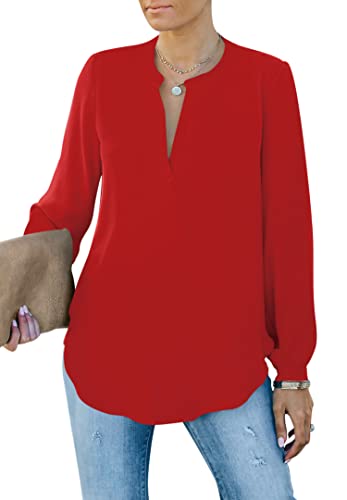 Homlan Blusa Elegante para Mujer, Cuello en V, Manga Larga, Informal, túnica, Camiseta de Manga Larga, Monocolor, Suelta, Rojo, L