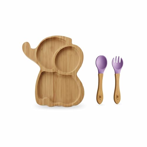 Image of Kids Station Elephant Wooden Feeding Plate with Spoon and Fork for Babies - Purple | Eco-Friendly Self-Feeding Baby Tableware Set (3 pcs)
