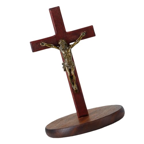 HUANGING Crucifijo de madera católico con soporte, crucifijo católico de pie con Jesús, centros de mesa, cruces de pie de Jesús