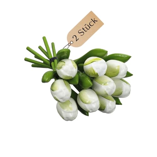 MomoMoments Ramo de tulipanes de madera para el amor, 2 ramos de 9 tulipanes de madera pintados a mano, 20 cm, color blanco y verde, ramo de flores artificiales