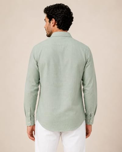 Image of Men's Cotton Linen Casual Shirt, Sage Green, Regular Fit, Plain, Long Sleeve
