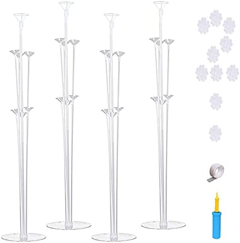 SILBLASSYU Table Balloon Stand Kit-4 Sets,Reusable Clear Balloon Holder(7 Balloon Sticks,7 Balloon Cups,1 Balloon Base) with 1 Pump,10 Balloon Clips for Birthday,Wedding Any Party/Event Decorations