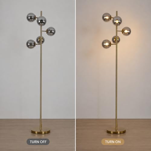 Image of BOKT Gold 5-Light 67'' Tall Floor Lamp Smoked Glass Globes Standing Lamp