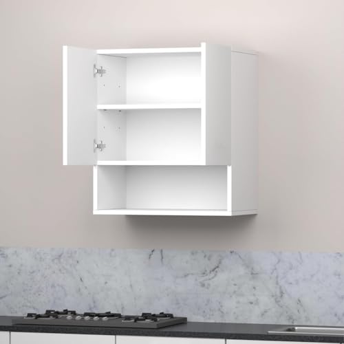 Image of 2 Door Multipurpose Wall Mounted Cabinet with Adjustable & Fixed Shelf | Storage for Kitchen, Bathroom, Office & Living Room | Assembly-DIY | Color-White | Size-60x33x63.8 Cm
