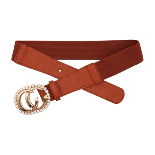 Women’s Brown Elastic Skinny Belt Gold Rhinestone CC Buckle – Chic Adjustable Waist Belt for Dresses, Jeans, Office Outfits – S/M (Waist 25"-36") WB32