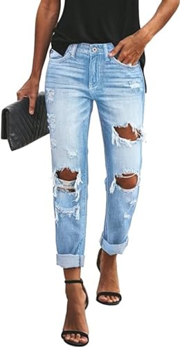 Lalasgal Pantalones de Mezclilla para Mujer, Desgastados, de Cintura Media, Holgados, Rasgados, elásticos, L24-azul Cielo, 8 US